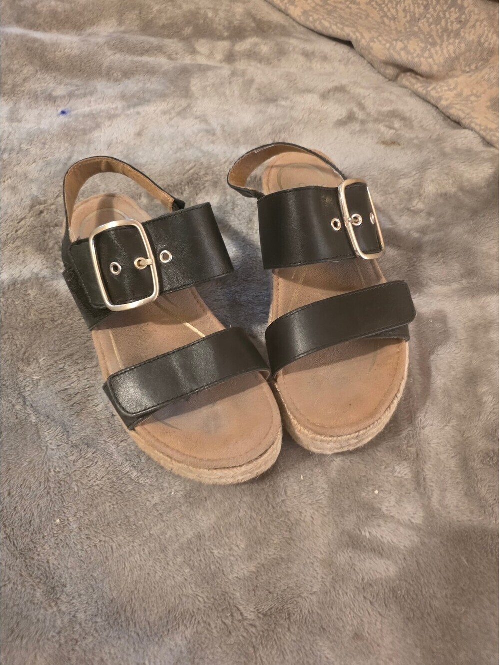 aetrex Black Leather Two-Strap Buckled Platform Sandals size 7